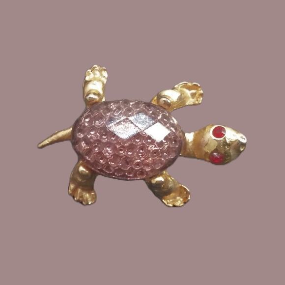 Vintage Jeweled Turtle Pin Red Rhinestone Eyes Detailed Shell Mini Brooch Golden - Picture 7 of 11